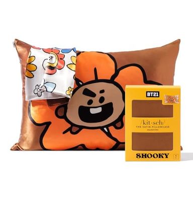 BT21 x Kitsch - Funda de Almohada de satén con Cierre de Cremallera, más Suave Que Las Fundas de Almohada de Seda de Morera, tamaño estándar, 1 Paquete, Fundas de Almohada refrescantes para Cabello,
