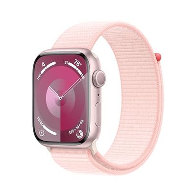 Apple Watch Series 9 (GPS 45 mm) Smartwatch - Kast van roze aluminium - Lichtroze geweven sportbandje. Conditie bijhouden, Saturatie-app en Ecg-app, Always-on Retina-display, CO₂- neutraal