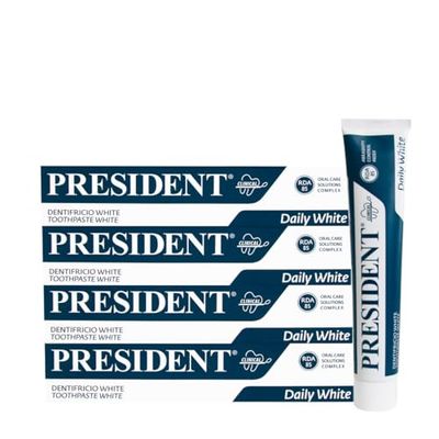 President KIT 4 DENTIFRICIO WHITE ad Azione Sbiancante, antiplacca, antitartaro e anti ingiallimento dei denti. Rinfrescante con Aroma di Menta Piemontese. RDA 85. 4x75ml