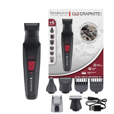Remington Hair Clipper Men [12-in-1 Kit with 6 attachments, Body, Beard & Hair Trimmer, Nose Ear & Eyebrow Trimmer] G12 (Graphite Engineered Coating, Self-Sharpening Blades, USB Rechargeable) PG2120