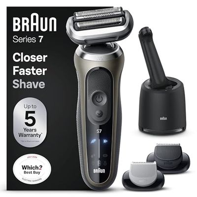 Braun Series 7 Electric Shaver for Men, Wet & Dry Shave, Waterproof Foil Shaver with Beard Trimmer & Body Groomer + Clean & Charge SmartCare Center, Engineered in Germany, Gold, 72-C7650cc
