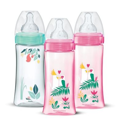 DODIE Lot de 3 Biberons Anti-Coliques Tétines Rondes 330ml +6 mois 3 vitesses Débit 3 - Rose et vert