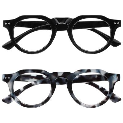 OPULIZE RIO Set da 2 Occhiali da Lettura Anti Luce Blu - Montatura con Bordo Superiore Piatto - Nero, Blu Maculato - Uomo e Donna - BB53-13 - +2.50