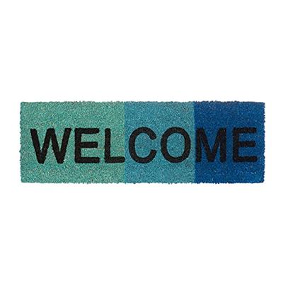 Narrow "WELCOME" Doormat Colour Gradient Coir Welcome Mat with Anti-Slip Underside of PVC Rubber Floor Mat Size: 1.5 x 75 x 25 cm, Blue