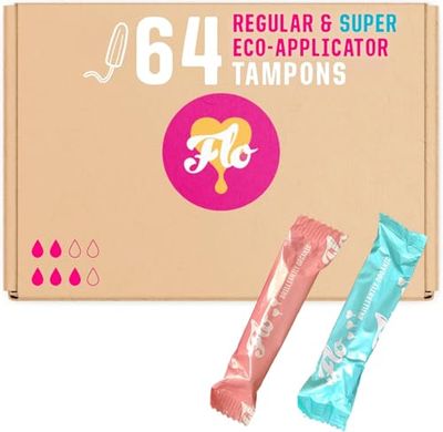 FLO Tampons with Applicator, Made from 100% Organic Cotton, Biodegradable & Ultra-Absorbent - Combo Pack 32 Regular & 28 Super Tampons