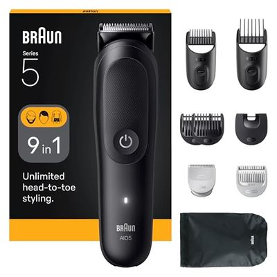 Braun Tagliaerba All-in-One Series 5, 9-in-1, lama ultra affilata, 120 min di autonomia, protezione SkinGuard per il corpo, taglio preciso ed efficiente, manico AquaGrip pratico sott'acqua, AIO5540,