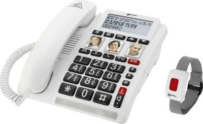 Geemarc CL610 - Téléphone Filaire d’Appel d’Urgence et Son Bracelet SOS Étanche avec Volume Amplifié et Touches Photo Personnalisables - Idéal pour Personnes Âgées Vivant Seules et Malentendants