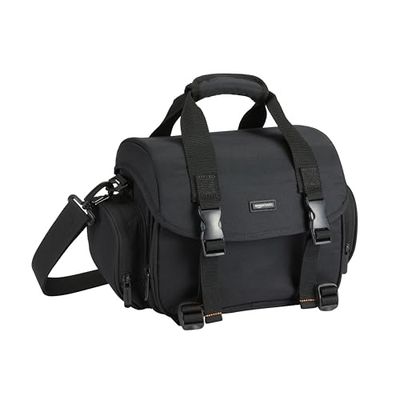 Amazon Basics Shoulder Bag for SLR Camera and Accessories, Large, Adjustable Strap, Waterproof, Shockproof, Solid, Padded - Black/Orange