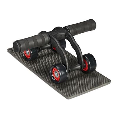 Relaxdays Wózek do ćwiczeń brzucha z 4 kółkami, trenażer brzucha do domu, dla kobiet i mężczyzn, rolka fitness z matą pod kolana, czarny/czerwony