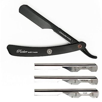 Parker, rasoio da barbiere dritto regolabile in acciaio inossidabile con manico nero - Personalizza la tua rasatura con 3 diversi inserti per lama - 5 lame per rasoio Parker incluse