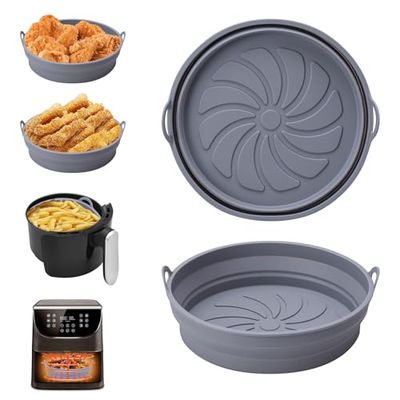 Alyvisun Teglie per Friggitrice ad Aria, 2 Pezzi Teglia Accessori in Silicone per Air Fryer, Contenitori Cestello Riutilizzabile Rotondo Tappetino Stampi Per Airfryer, Microonde, Forno (Grigio)