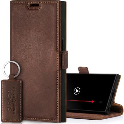SURAZO Funda Fina magnética para Samsung Galaxy S24 Ultra de Piel, Funda de Piel auténtica, Funda Plegable [Tarjetero, protección RFID] Flip Flip Wallet Case Cover Funda de Piel (marrón Nuez)