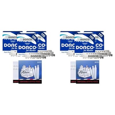 Dorco Lamette 3x100 Stainless Steel Single Edge Razor Blades + 20 Fiammiferi Emostatici Shave Factory (Confezione da 2)