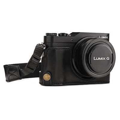 MegaGear MG1467 Panasonic Lumix DC-GX950, GX900, DC-GF10 Ever Ready Custodia metà copertura in Vera pelle per Fotocamera con Tracolla- (Nero)