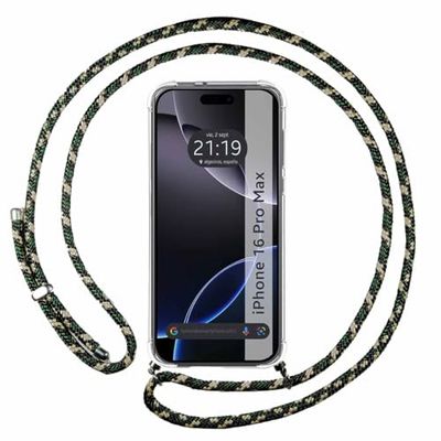 Tumundosmartphone Custodia a sospensione trasparente per iPhone 16 Pro MAX (6.9) con cordino verde/oro