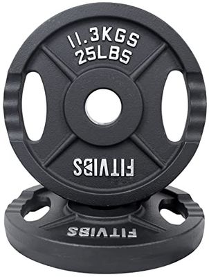 Signature Fitness Placa de hierro fundido para entrenamiento de fuerza y levantamiento de pesas, centro de 2 pulgadas (olímpico), 25 libras (juego de 2)