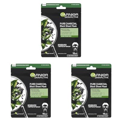 Garnier Pure Charcoal And Black Tea Sheet Mask, Purifying And Hydrating Face Mask With Hyaluronic Acid, LHA & Black Tea Extract, Mattifies Shine Prone Skin, Biodegradable & Vegan Tissue 28g