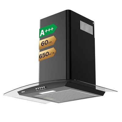 CIARRA 60cm Cooker Hood 650 m³/h Curved Glass Chimney Hood Black with 3 Speed Recirculating Ducting Kitchen Ventilation Extractor CBCB6506B