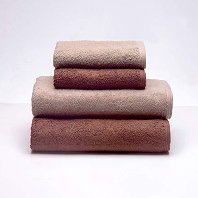 Sancarlos - Set of 4 Ocean Duo Hand Towels, 2 Sinks and 2 Bath Towels, Stone and Brown, 100% Cotton, 550 g/m²