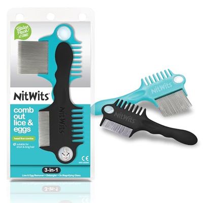 NitWits 2 pettini 3 in 1 per pidocchi e uova, per districare e rimuovere pidocchi e uova, include una lente d'ingrandimento 5x
