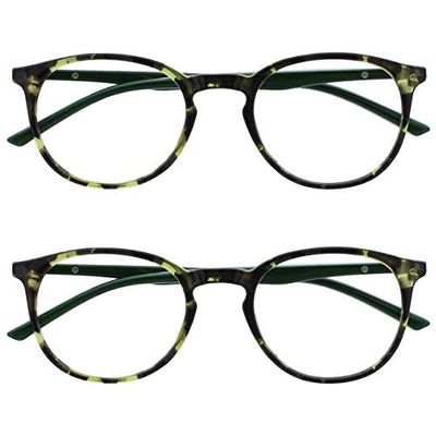 OPULIZE Met Reading Glasses 2 Pack Slim Round Frame Scratch Resistant Spring Hinges Green Tortoiseshelll Solid Arm Mens Womens RR60-6 +3.00
