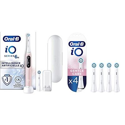 Oral-B iO Series 6N Brosse à Dents Électrique, Connectée Bluetooth, 5 Modes de Brossage, 2 Brossettes, 1 Étui De Voyage, Blanc/Rose & iO Gentle Care, Embout, Pack de 4 Brossettes de Rechange