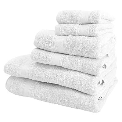 6 serviettes de bain: 2 serviettes de courtoisie 30x50; 2 serviettes de lavabo 50x90; 2 serviettes de douche 70x140cm 450 gr / m2 100% coton blanc
