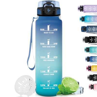 Grsta Borraccia 1 Litro, Borraccia Palestra Senza Perdite, Borraccia Motivazionale con Filtro, Borraccia Trekking con Slogan Motivazionale, Borraccia per Sport, Trekking, Ciclismo, Blu-Verde