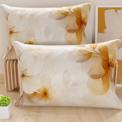 PETTI Artigiani Italiani - Lot de 2 Taies d'Oreillers 50x50 cm 100% Microfibre Hypoallergénique, Housse Oreiller Rectangulaire Motif Floral Beige, Paquet de 2, Fabriqué en Italie