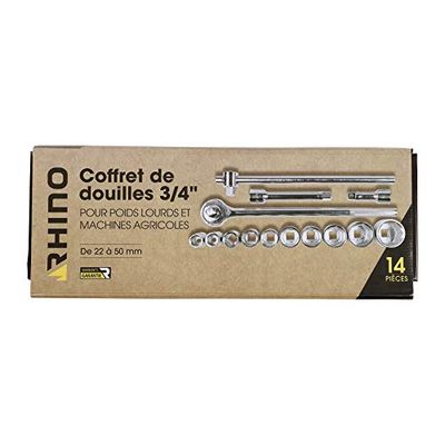 RHINO - Ensemble de clés à cliquet - Coffret clé à cliquet (Poids-Lourd, véhicules agricoles) + 10 Douilles Poids-Lourd (6pans) - Diamètre 22 à 50 mm - Carré 3/4" - Jeux de Douilles - Garantie 5 Ans