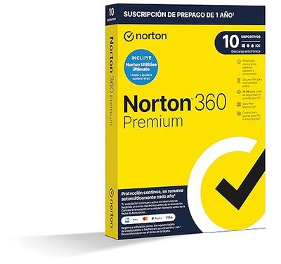 Norton 360 Premium Utilities 2024 Antivirus y Utility, 10 Dispositivos, 12 Meses de Suscripción con Renovación Automática, Dark Web Monitoring, Secure VPN y Gestor de Contraseñas