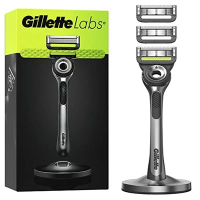 GilletteLabs Con Barra Exfoliante, Afeitadora Para Hombre De Gillette, 1 Mango, 3 Recambios De Cuchillas, Con Soporte Magnético Premium