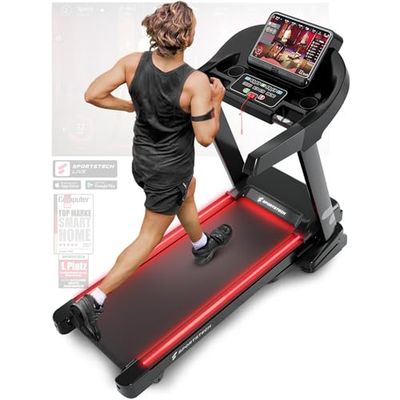 Sportstech F37 Tapis Roulant Pieghevole Professionale - Marchio Tedesco - Video Eventi e Multiplayer App,7PS 20 Km/h, Ampie Superfici di Corsa + HRC, TÜV/GS, USB, 12 Programmi & Pulse Belt |150Kg Max