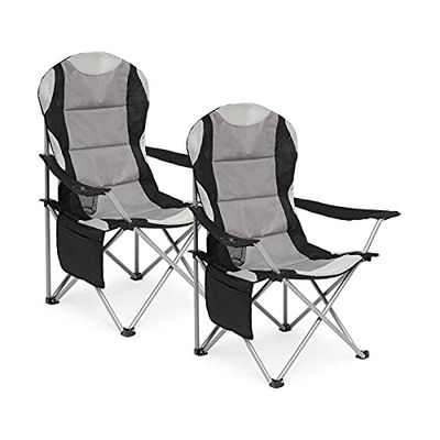 Mondeer Campingstoelen, set van 2, hoge rugleuning gewatteerde klapstoelen met bekerhouder en zijzakken voor kamperen, vissen, picknick, tot 120 kg, donkergrijs
