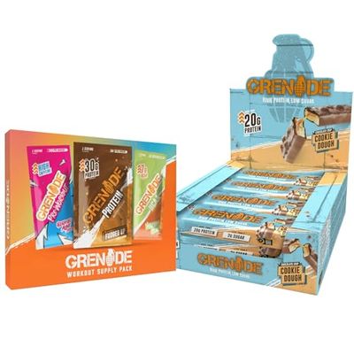 Grenade High Protein, Low Sugar Bar - Chocolate Chip Cookie Dough, 12 x 60 g & Grenade Workout Sample Bundle, Single Serving per Supplement Powder