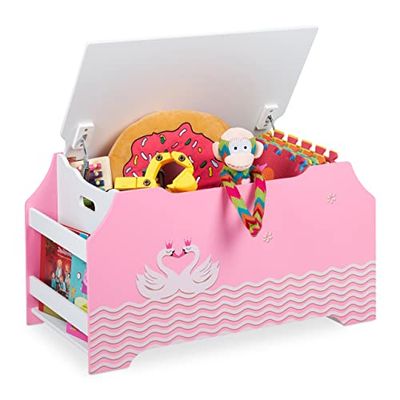 Relaxdays Toy Chest for Children's Room, Book File, Swan Motif, Storage Box with Lid, 46 x 84 x 42.5 cm, MDF, Pink/white