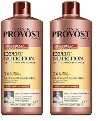 Franck Provost, Expert Nutrition, Shampoo Professionale Per Capelli Secchi, Effetto Nutriente, Con Burro di Karité e Olio di Cocco, 500 ml (Confezione da 2)