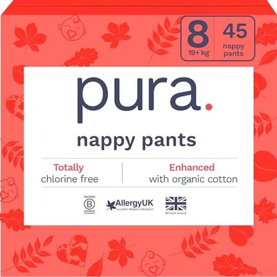Pura Eco Nappy Pants - rozmiar 8 (19 kg+), 3 x 15 szpilek (45 łącznie), odpinane szelki dla niemowląt dla wrażliwej i alergicznej, hipoalergiczna, bezzapachowa, łatwa strona