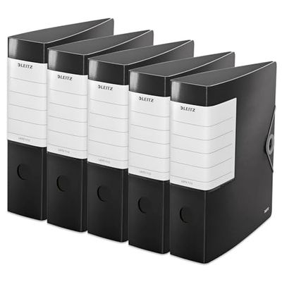 Leitz Archivador de calidad 180° Solid, paquete de 5 unidades, A4, negro, ancho de lomo de 8,2 cm, cierre de banda elástica, espuma de polietileno resistente, etiqueta trasera intercambiable