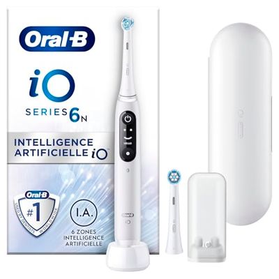 Oral-B iO 6 Brosse A Dents Electrique Blanche, 6 Modes De Nettoyage Avec Soin Des Gencives, Douceur, Blancheur, Conseils De Brossage En Temps Réel, 2 Brossettes Oral B De Rechange, Chargeur, Etui