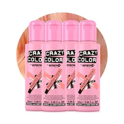 Crazy Color Vibrant Peachy Coral Semi-Permanent 4 Pack Quad Hair Dye. Highly Pigmented Pinky Peach Conditioning & Oil Nourishing Vegan Formula No Bleach or Ammonia 400ml