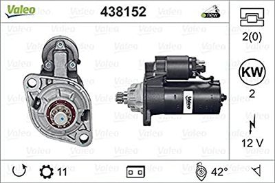 VALEO -438152-Motor de arranque - Potência nominal: 2 kW - Stop & Start: NÃO - Número de dentes: 10/11 dentes - Tensão: 12 V - Sensação de rotação: ANTI CLOCKWISE