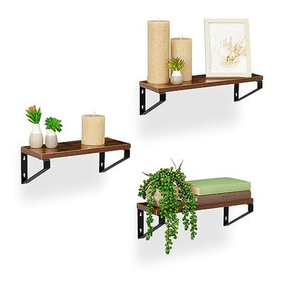 Relaxdays wandplank industrieel, set van 3, in versch. groottes, zwevende planken, mdf & staal, muurplank, bruin/zwart