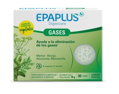 EPAPLUS Digestcare, Gases, 30 Comprimidos, Complemento Alimenticio para Expulsar los Gases Intestinales con Extracto de Menta, Hinojo, Alcaravea y Manzanilla
