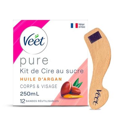 Veet PURE - Cire Chaude Au Sucre Et À L'Huile D'Argan - Epilation Sans Bande - Ingrédients 100% Naturels - 250ml