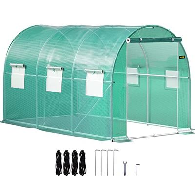 VEVOR Tunnelkas voor de tuin, 3,7 x 2,1 x 2,1 m, tent, schuur planten, frame van verzinkt staal, waterdichte afdekking, PE, 1 bovenbalk, 2 diagonale palen, 1 deur, 6 ramen, voor het kweken van