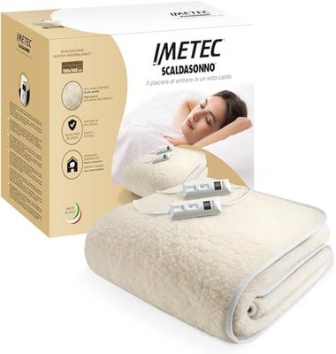 Imetec - Surmatelas Chauffant Scaldasonno - Chauffe Lit Double, 150 x 160 cm, 50 % Laine et Mérinos - Lavable, 2 Températures, Dispositif de Sécurité Electro Block - Fabriqué en Italie
