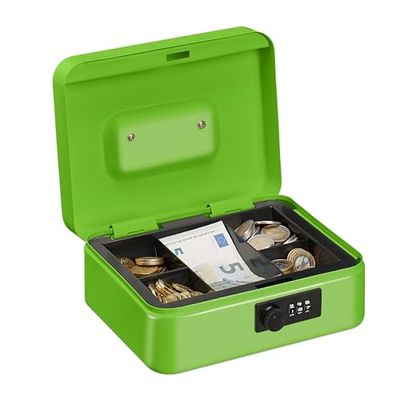 Relaxdays Caja Dinero, Combinación 3 Números, Bandeja para Monedas, Cajita Hierro, 8,5 x 20 x 17 cm, Verde