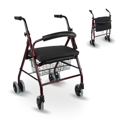 Mobiclinic, Déambulateur avec coussin viscoélastique, Prado Plus, Freins à pression, Aluminium, Pliable, Panier, Siège, Déambulateur pour personnes âgées, Léger, 4 roues, Bordeaux