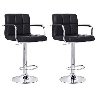 Lote de 2 taburetes de Bar Negros con reposabrazos Mike. Taburete de Cocina Moderno con Asiento Regulable en Altura, rotación 360 ° y reposapiés. Respaldo y apoyabrazos Negros.